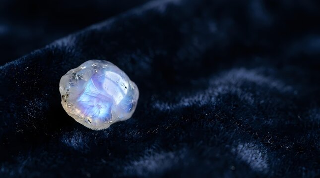 Moonstone gemstone with blue adularescence effect resting on dark velvet fabric, showcasing opalescent glow and natural mineral luster for jewelry design and gemology.