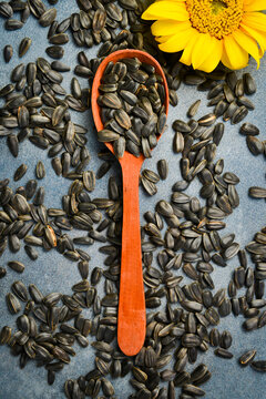 Various black sunflower seeds lie with wooden spoon on stone background surface. Nutritious raw snack for healthy diet. Great choice for food store background concept.