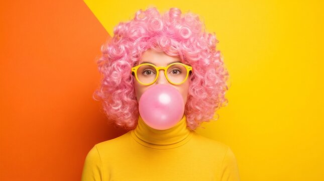 Young woman wearing bright pink curly wig and yellow glasses blowing a large bubble gum on vibrant orange background studio