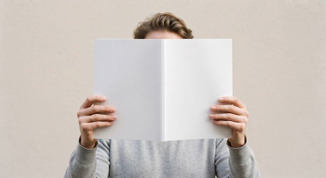 Person holding an open blank white magazine mockup in front of face against a neutral minimalist background.