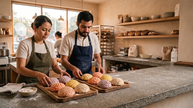 Bakery team arranges pastel conchas at dawn for opening service