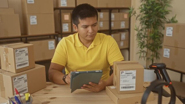 Man holding tablet with hands at packing table surrounded by shipping boxes in building; entrepreneurial focus.