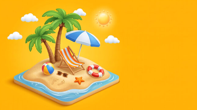 3D Isometric Tropical Beach Island with Palm Trees, Deck Chair and Umbrella on Yellow Background with Copy Space for Summer Vacation Travel Banner.