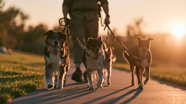 Dog Walker's Delight: A dog walker leads a cheerful pack of four dogs on leashes along a paved path at golden hour, silhouetted against a warm sunset.