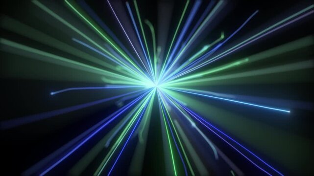 4K Abstract Background Particles Green Blue Light Rays Overlay Horizontal 3D Animation