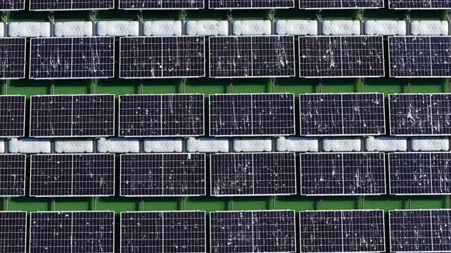 Top Down View of Floating Solar Panels on Water Infrastructure, Jurmala, Latvia