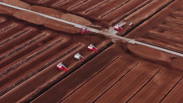 Aerial View of Industrial Peat Harvesting Operations in Kaigu Bog, Latvia