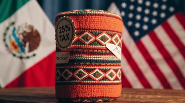 Mexican product with 25 percent tax label. International trade tariff between USA and Mexico.