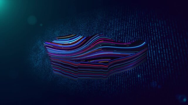Abstract motion background with glowing Saudi Arabia map reveal, colorful wavy extruded lines, blue particle grid, depth of field, lens flare, and futuristic technology style.