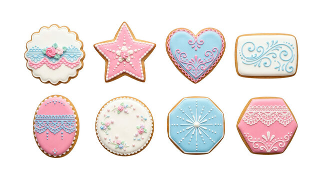Set of colorful iced cookies with floral patterns and pink blue icing isolated on transparent background