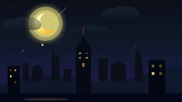 Night city skyline with glowing crescent moon and stars animation
