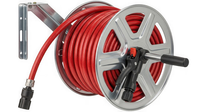 Red industrial hose reel with metal frame for firefighting equipment isolated on transparent background