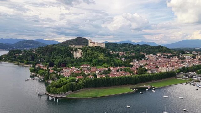 Borromeo Castle Overlooking the Town of Angera on Lake Maggiore AERIAL
