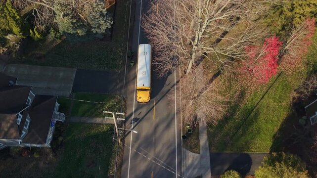 Aerial view of yellow American school bus traveling along a tree lined suburban road in the United States