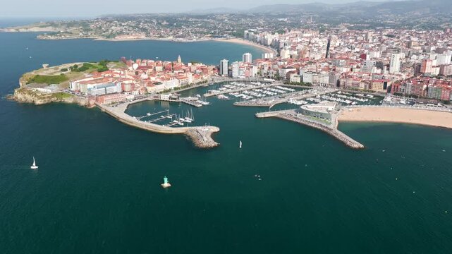 Aerial \iew of Downtown Gijon  - Marina and Boats, Cimavilla Peninsula, and Coastline Cityscape in Asturias, Northern Spain