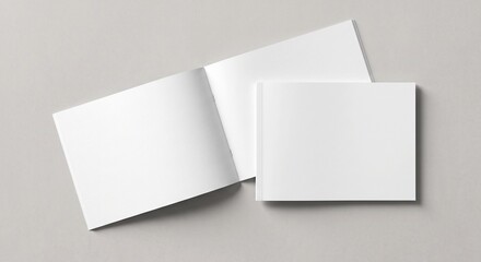 Fototapeta premium Top view of blank white landscape brochure mockups with soft realistic shadows on a light gray background.