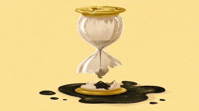 burdens. A broken hourglass with sand spilling out, symbolizing the unseen struggles of poverty. wellbeing guides, coaching materials, designed for coaching and self-improvement content.