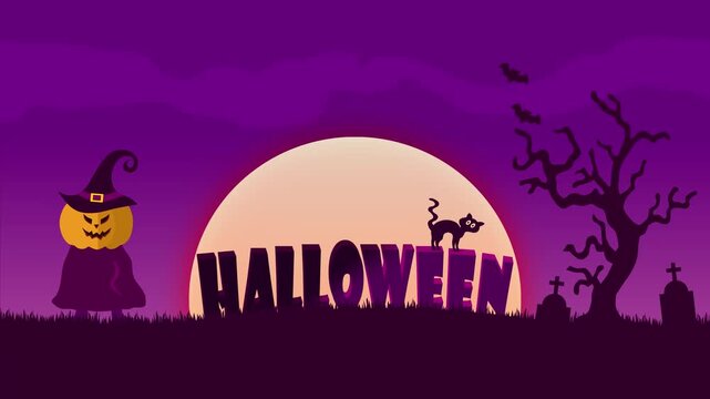 Halloween full moon night background with the Halloween sign, Scarecrow pumpkin, tombstone, cat, and bats
