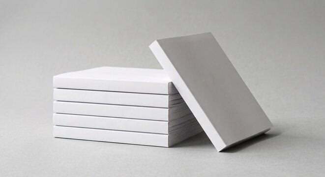 Minimalist mockup of blank white matte magazines stacked on a light gray background with realistic soft shadows.