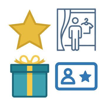Loyalty program icon set with fitting room, gift box, and member star badges. Vector symbols for loyalty points, rewards, customer shopping benefits