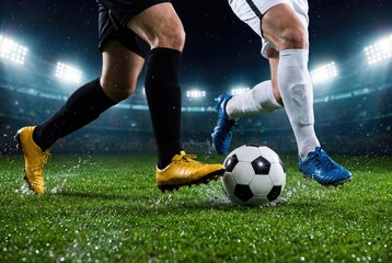 Naklejka premium Soccer players kicking ball on grass field in stadium lights action