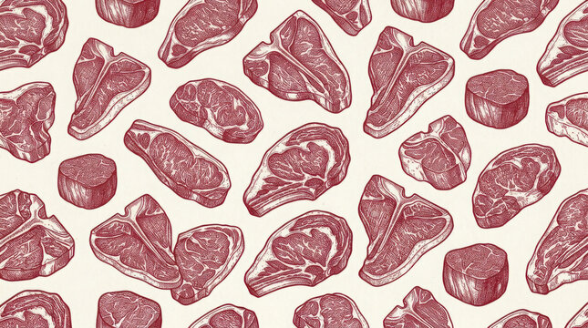 Seamless pattern of hand drawn raw meat cuts including steaks and chops on beige generated using ai
