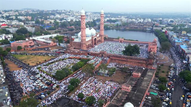 Aerial View of Eid Prayers at Taj-ul-Masajid, One of India's Largest Mosques, Bhopal