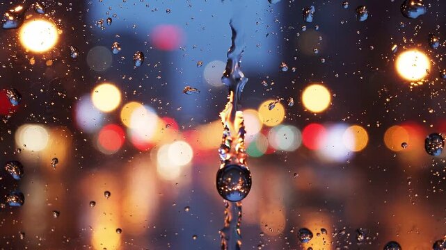 Raindrop sliding down window glass at night. Flowing water stream against blurred city lights. Wet surface with bokeh background. Weather and mood concept.