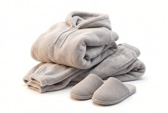 Cozy fluffy hoodie sweatpants and slippers loungewear set isolated