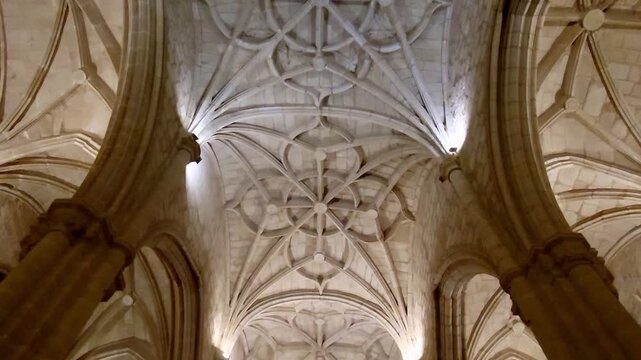 Gothic architecture. Gothic ceilings and columns. Ribbed vaults. European religious architecture. Spain.