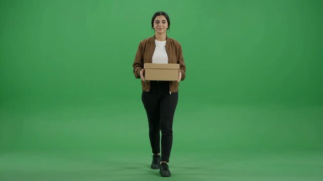 Young woman carrying a cardboard box while walking on a green screen background.