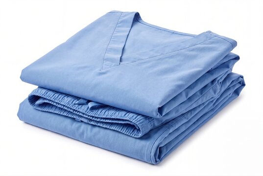 Blue medical scrubs folded neatly on clean white background studio shot