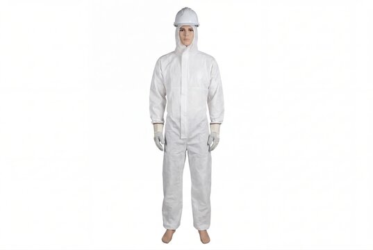 Mannequin in white hazmat coverall suit and safety helmet for work