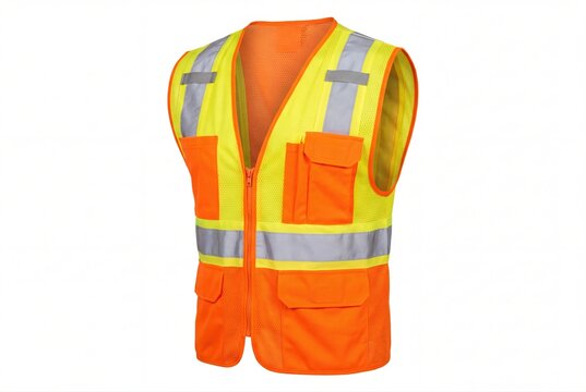 High visibility safety vest with reflective strips and pockets on white