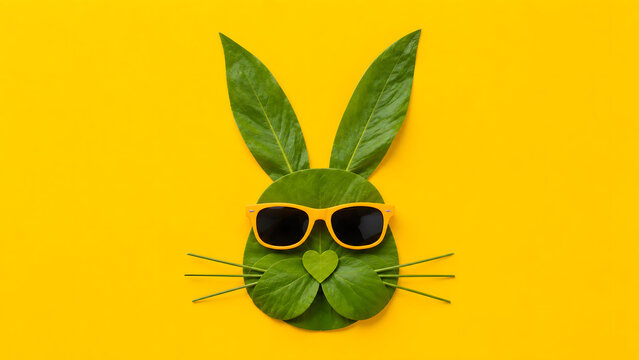 Cool Leaf Bunny Face with Orange Sunglasses on Vibrant Yellow