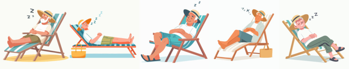 Fototapeta premium Flat vector illustration of a grandpa sleeping on a beach chair in a summer