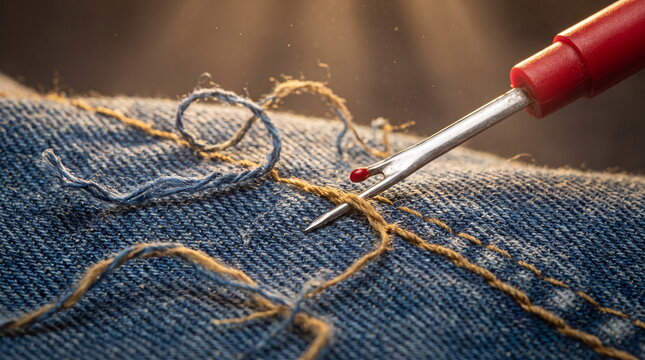 Close-up of a red seam ripper cutting thick stitches on blue denim fabric in a sewing workshop
