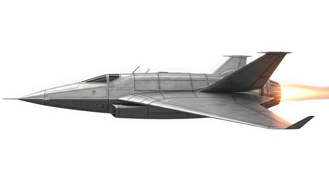 Grey fighter jet plane flying fast with engine exhaust fire isolated on transparent background