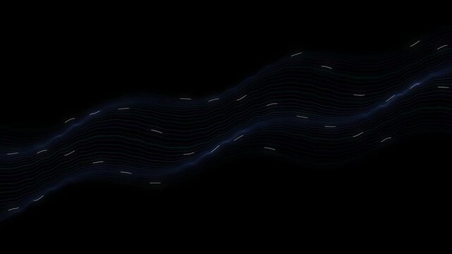 Abstract glowing blue wavy lines flowing across a dark black background, representing digital energy, connectivity, and futuristic data movement