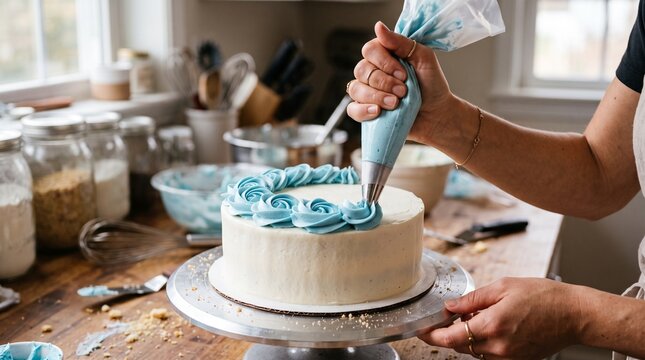 Baker decorating a white cake with blue frosting roses using a piping bag and tip in a kitchen setting