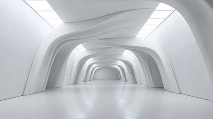 Fototapeta premium Abstract futuristic white corridor with smooth curved walls and soft lighting for modern architectural design background concept
