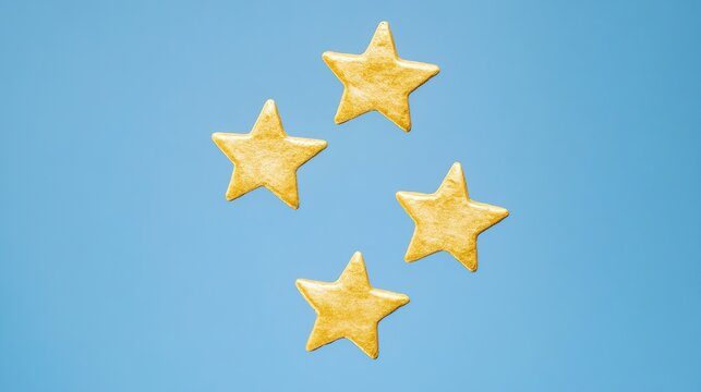 feedback. Golden stars floating against a gradient blue background, symbolizing abstract positive feedback. wellbeing guides, coaching materials, designed for coaching and self-improvement content.