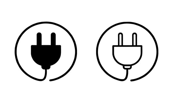 Electric plug outline and solid icon set, power connection symbol, energy socket vector illustration