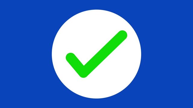 Green check mark icon inside a white circle pulsing on a solid blue background for success and approval