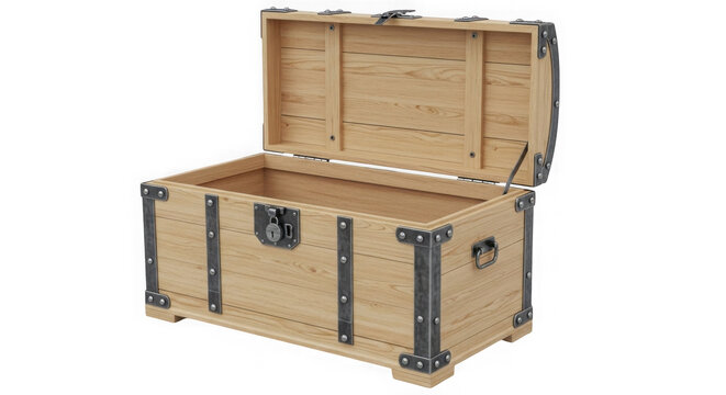 Open vintage wooden chest with metal corners for storage isolated on transparent background