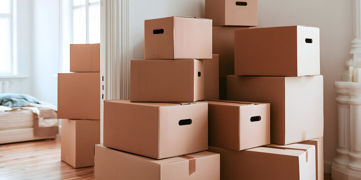 Storage boxes are stacked with a focus on organization and space efficiency, interior setup is ensured, and no holiday is celebrated