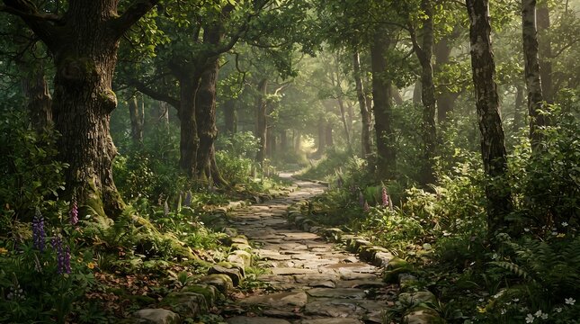 Forest pathway in sunlight. Scenic trail through lush green woods with soft morning light.