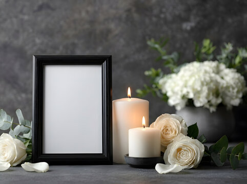 Memorial Photo Frame Mockup with Burning Candles and White Roses | Funeral Funeral Photo Frame with Candles and Flowers | Condolence Remembrance Picture Frame Mockup | Funeral Blank Photo Frame 
