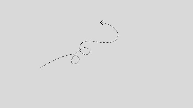 White dashed arrow line curving and looping on a white background with left-pointing arrow dashed line. 4k video motion animation...