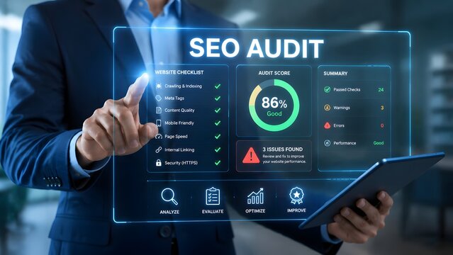 A professional businessman interacting with a futuristic digital interface showing an seo audit report with performance metrics and analytics